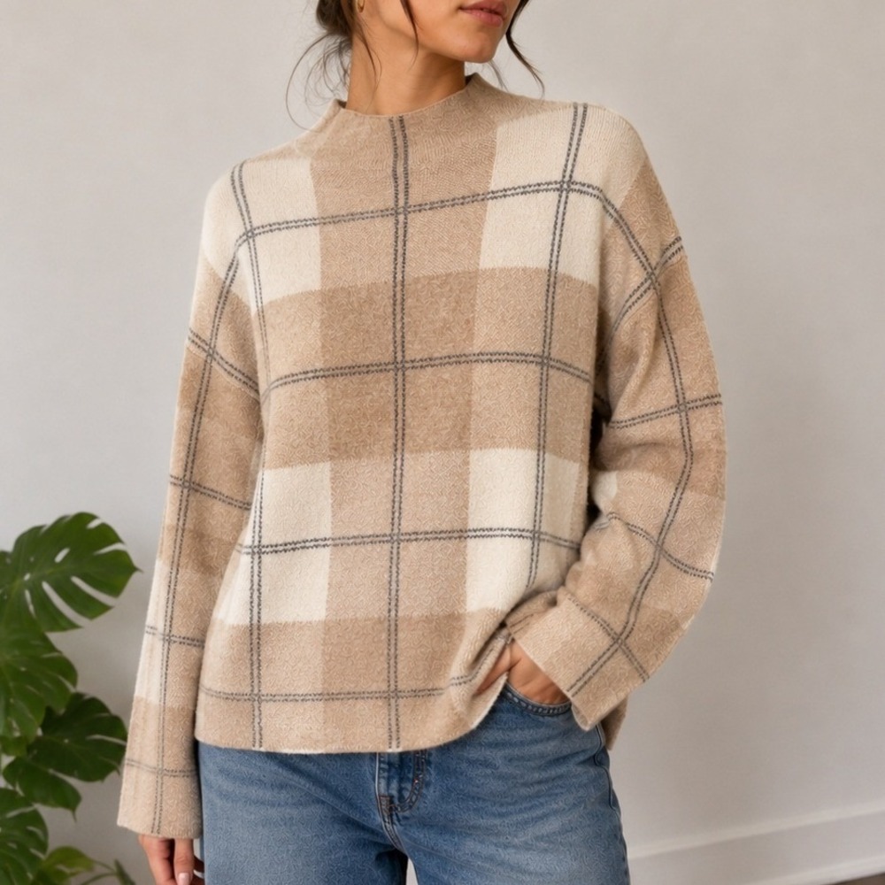 Rachel Zoe Plaid Sweater Medium Neutral Check Mock Neck Quiet Luxury‎ Knit
